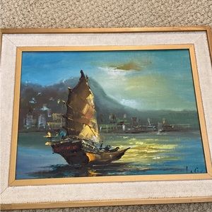 Vintage mcm mid century original signed oil painting of Asian junk boat in frame